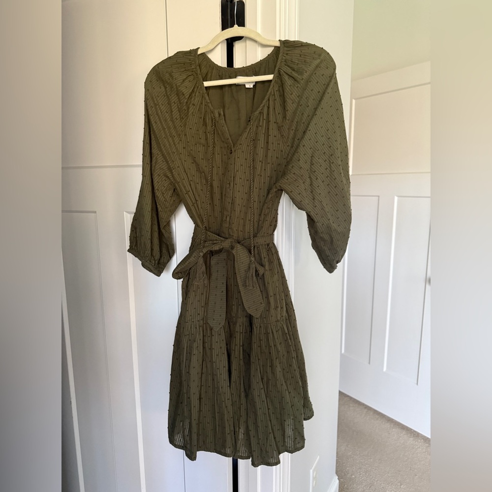 Emerson Fry India Collection Olive Green Dress Tie Waist Belt V Neck